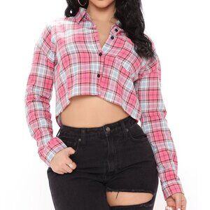 NEW NWT FASHION NOVA It’s a Plaid Time Flannel Top Pink Blue Cream Boxy Crop Top